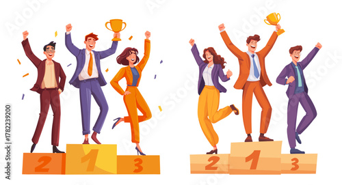Winners cartoon set. People on victory podium, winner team business office employees champion suit tie jump success achievement cup vector illustration