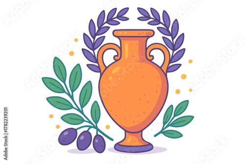 Traditional ancient Greek amphora vase surrounded by olive branches and purple laurel leaves