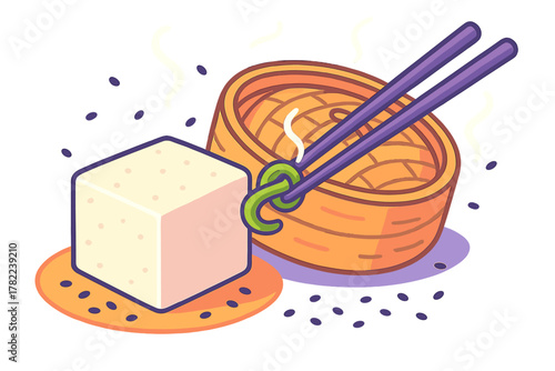 Fresh tofu cube next to a hot bamboo steamer basket held by purple chopsticks