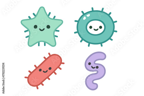Cute colorful microbes bacteria germs and viruses with happy smiling faces