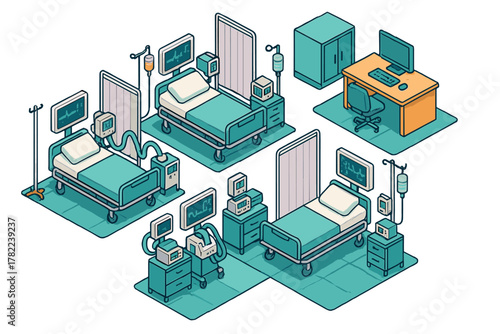 Isometric view of hospital intensive care unit room with beds and medical monitoring equipment