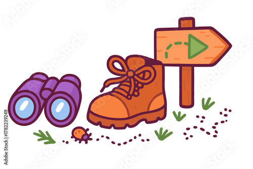 Hiking boot, purple binoculars, and wooden signpost for outdoor adventure