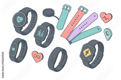 Modern smartwatches, fitness trackers, colorful wristbands, and health monitoring icons set