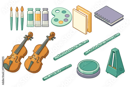 Colorful isometric collection of artistic and musical instruments and tools