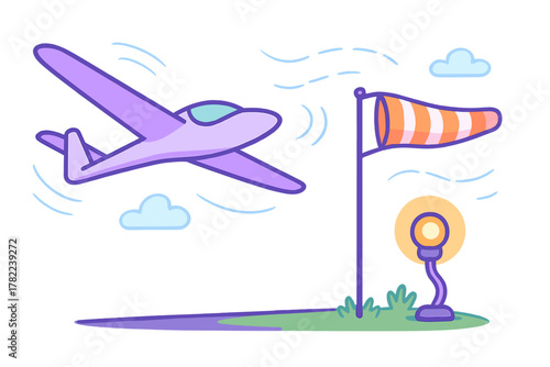Small purple airplane flying near a striped windsock and illuminated runway light at an airfield