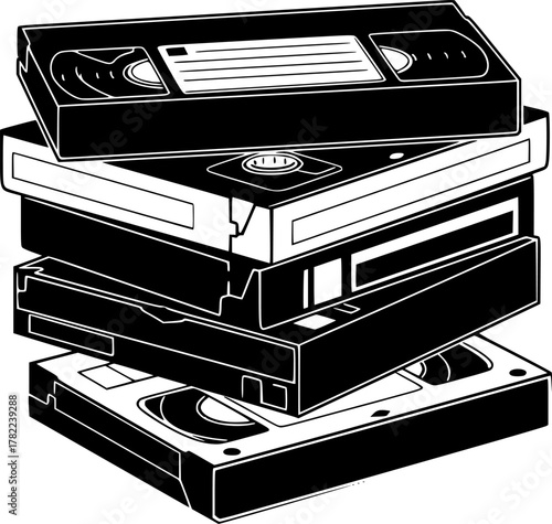 stack of VHS tapes, different angles, black and white, minimalist style, vector illustration