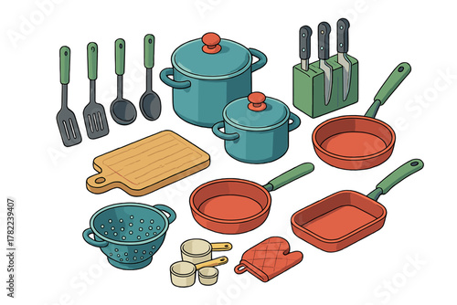 Essential kitchen cooking tools and cookware set including pots pans knives and cutting board