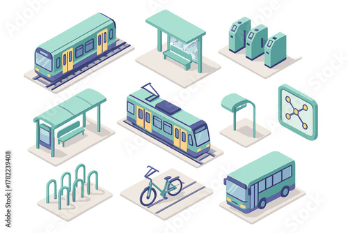 Isometric public transportation elements including subway train, tram, bus, stops, ticket gates, and bicycle mobility