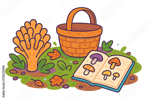 Autumn mushroom foraging setup with a woven basket, orange fungus, and field guide on the forest floor