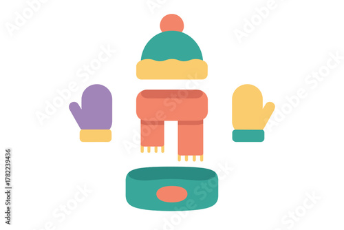 Flat design set of winter accessories: hat, scarf, mittens, and storage container