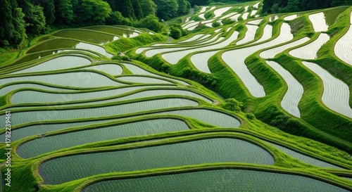 Vivid terraced rice paddies reflecting sky, surrounded by lush greenery