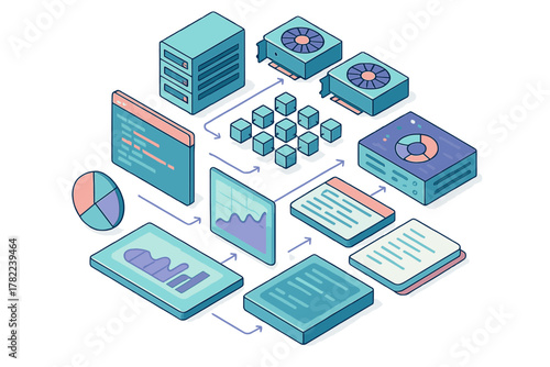 Isometric flow diagram of data processing, computing hardware, and analytical visualization screens