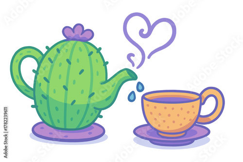 Whimsical cactus teapot pouring hot drink into spotted teacup with heart steam