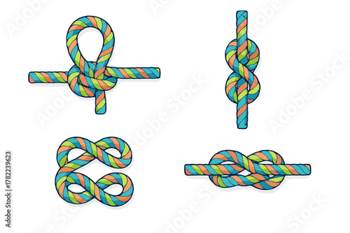 Various views of colorful striped rope tied into complex decorative knots