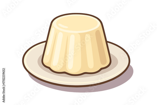 Sweet creamy dessert resembling panna cotta or flan served on a small ceramic plate