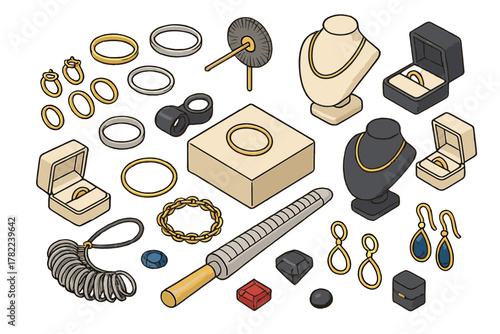 Isometric set of jewelry items and goldsmith tools rings necklaces display busts sizing equipment