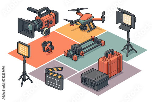 Professional filmmaking and video production equipment set in isometric view