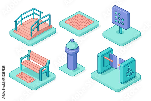 Isometric set of public infrastructure elements including accessibility ramp, tactile paving, bench, and turnstile gate