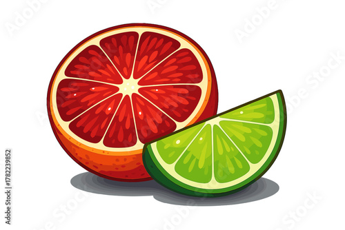 Sliced blood orange and bright green lime wedge composition on white background