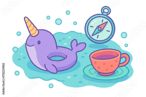 Adorable narwhal swimming ring float toy, compass, and teacup floating on blue water