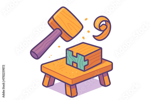 Wooden mallet striking a block of wood with a dovetail joint on a workbench