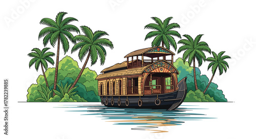 Serene houseboat glides through lush tropical backwaters surrounded by vibrant palm trees and verdant foliage