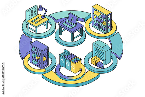Isometric workflow diagram of product lifecycle management including repair, storage, and waste disposal
