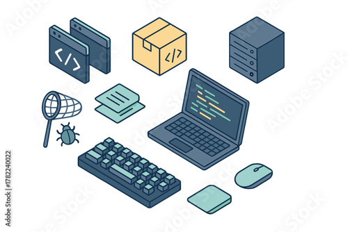 Isometric elements showing software development, coding, testing, and quality assurance