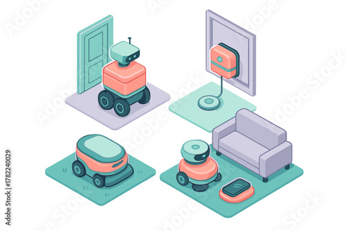 Isometric set of autonomous service robots for home delivery, cleaning, and smart automation tasks