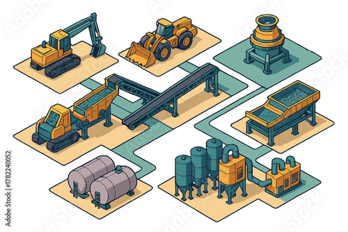 Isometric layout of heavy industrial machinery and equipment in a mining or aggregate processing plant