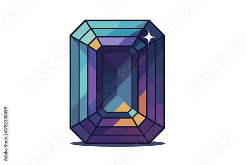 Colorful faceted gemstone with emerald cut and vibrant purple and blue hues