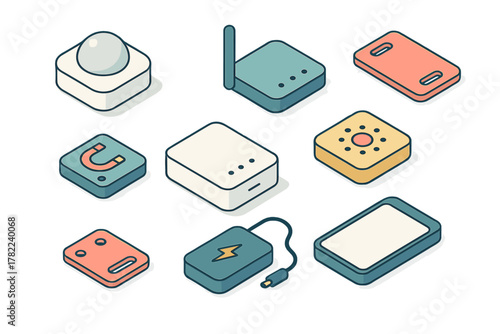 Isometric technology devices including smart home sensors, Wi-Fi router, power bank, and smartphone