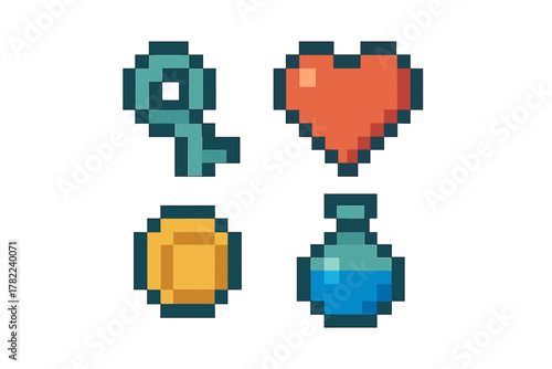Retro pixel art game icons set featuring health heart, magic potion, golden coin, and dungeon key