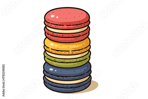 Vibrant stack of French macarons featuring various bright colors and sweet fillings isolated on white