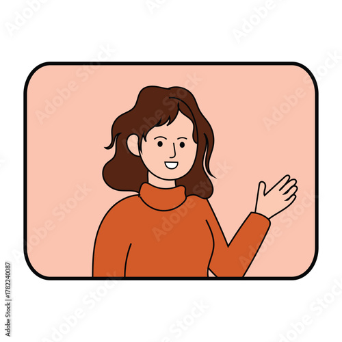 Smiling young woman waving hand in a rounded rectangle frame
