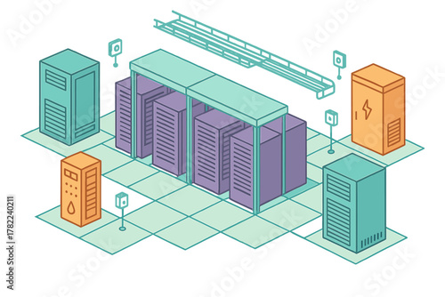Data center room layout with multiple server racks and auxiliary power supply units