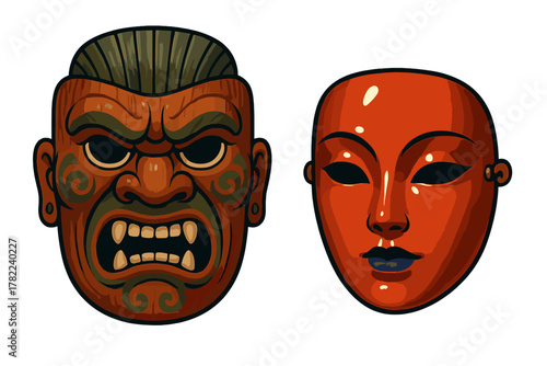 Contrasting pair of traditional cultural masks featuring fierce wooden carving and smooth red theatrical style