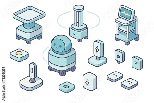 Isometric set of modern healthcare technology icons including service robots and medical equipment