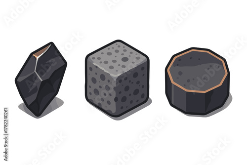 Stylized isometric dark resources set featuring raw crystal, porous cube, and charcoal material