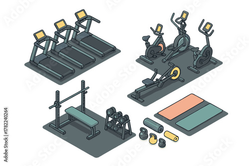 Isometric set of fitness equipment including cardio machines and weight training gear for a modern gym