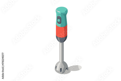 Brightly colored modern handheld stick blender kitchen appliance isolated on white