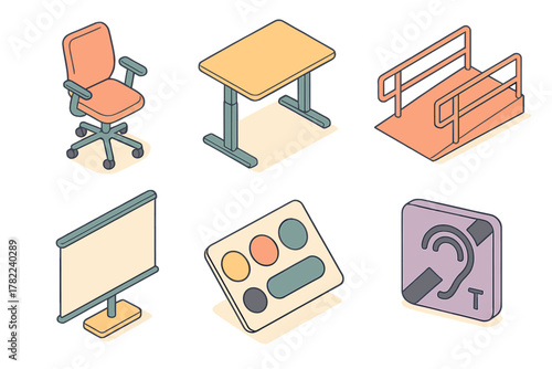 Isometric of adjustable desk, chair, and wheelchair ramp