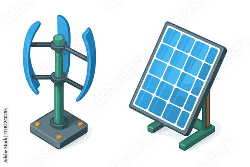 Solar panel and vertical axis wind turbine in isometric perspective symbolizing sustainable power generation