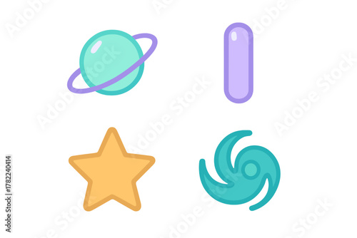 Colorful flat design set featuring a ringed planet, star, purple capsule, and teal hurricane symbol