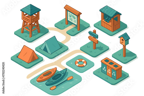 Isometric set of camping and outdoor recreation elements featuring tents kayaks and park signage