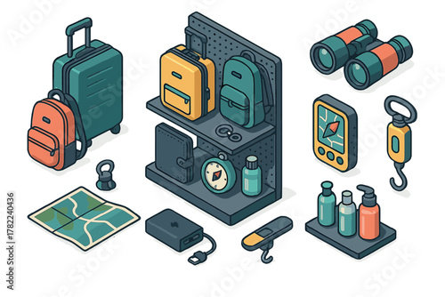Comprehensive collection of essential travel and adventure gear displayed in isometric view