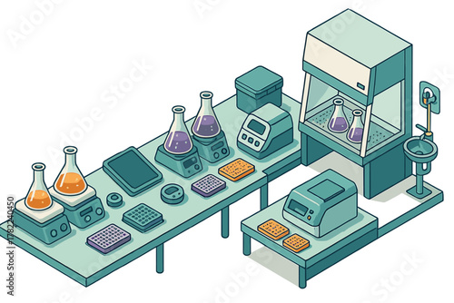 Modern laboratory workspace with chemical flasks, digital scales, and specialized scientific instruments