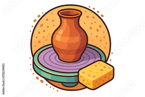 Clay pot centered on a spinning potter's wheel with a sponge for shaping ceramics