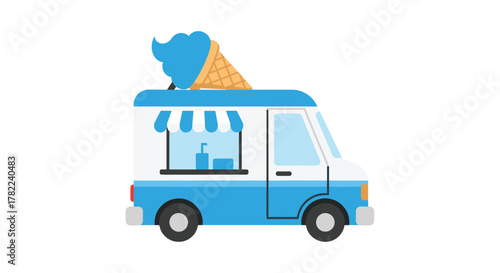 Delightful blue and white ice cream truck with a giant blue ice cream cone on top, ready to serve sweet treats on a sunny day