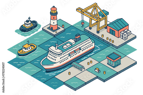 Isometric port infrastructure with large passenger ferry, industrial cargo crane, lighthouse, and tugboats